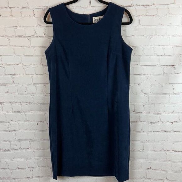 SHERI MARTIN PETITES blue faux suede bodycon sleeveless classic pencil dress 14P - Picture 1 of 5